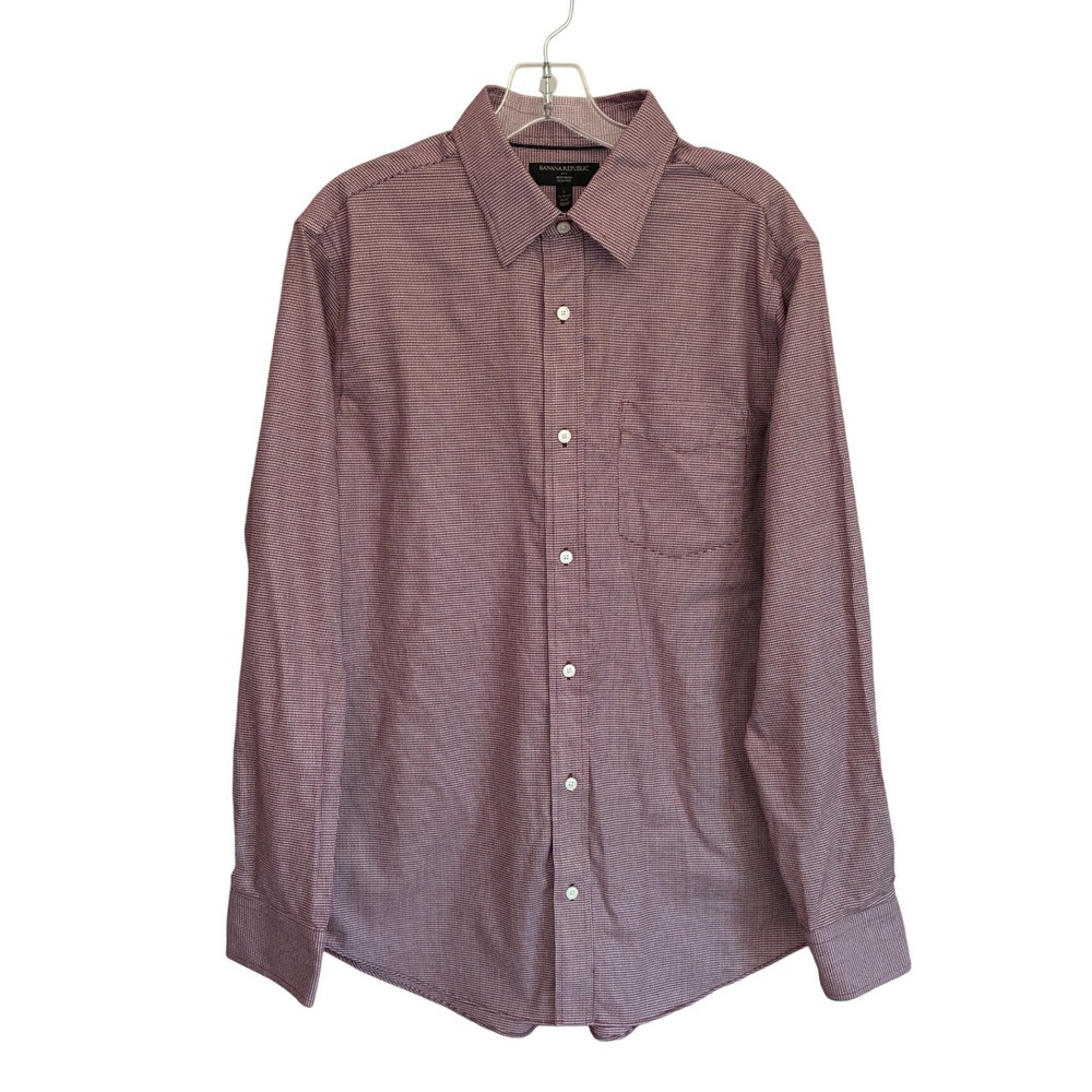 Banana Republic Maroon White Micro Check Non Iron Slim Fit Shirt L 16-16.5